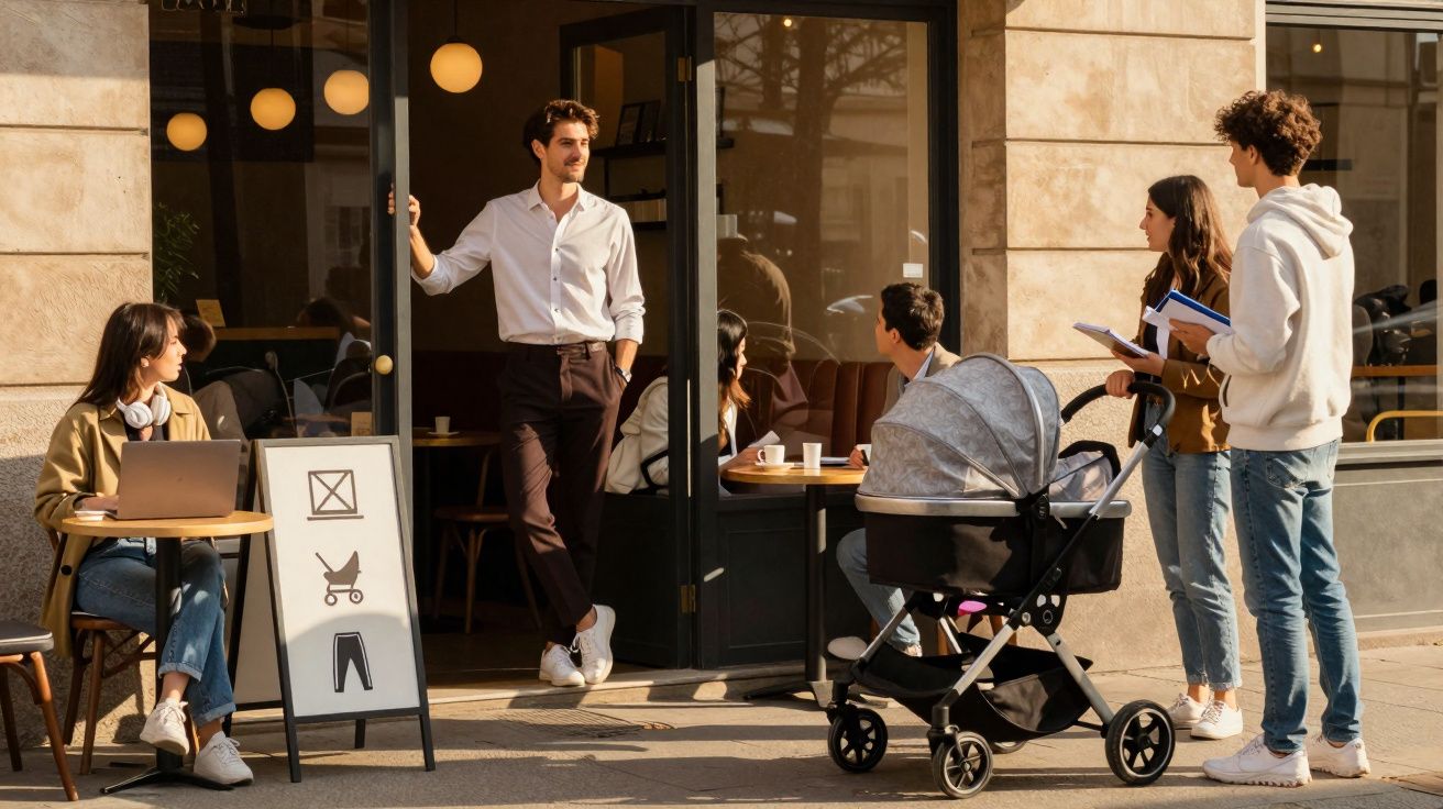 Pessoas conversam em frente a café, homem abre a porta, mulher com carrinho de bebé e jovem com portátil.