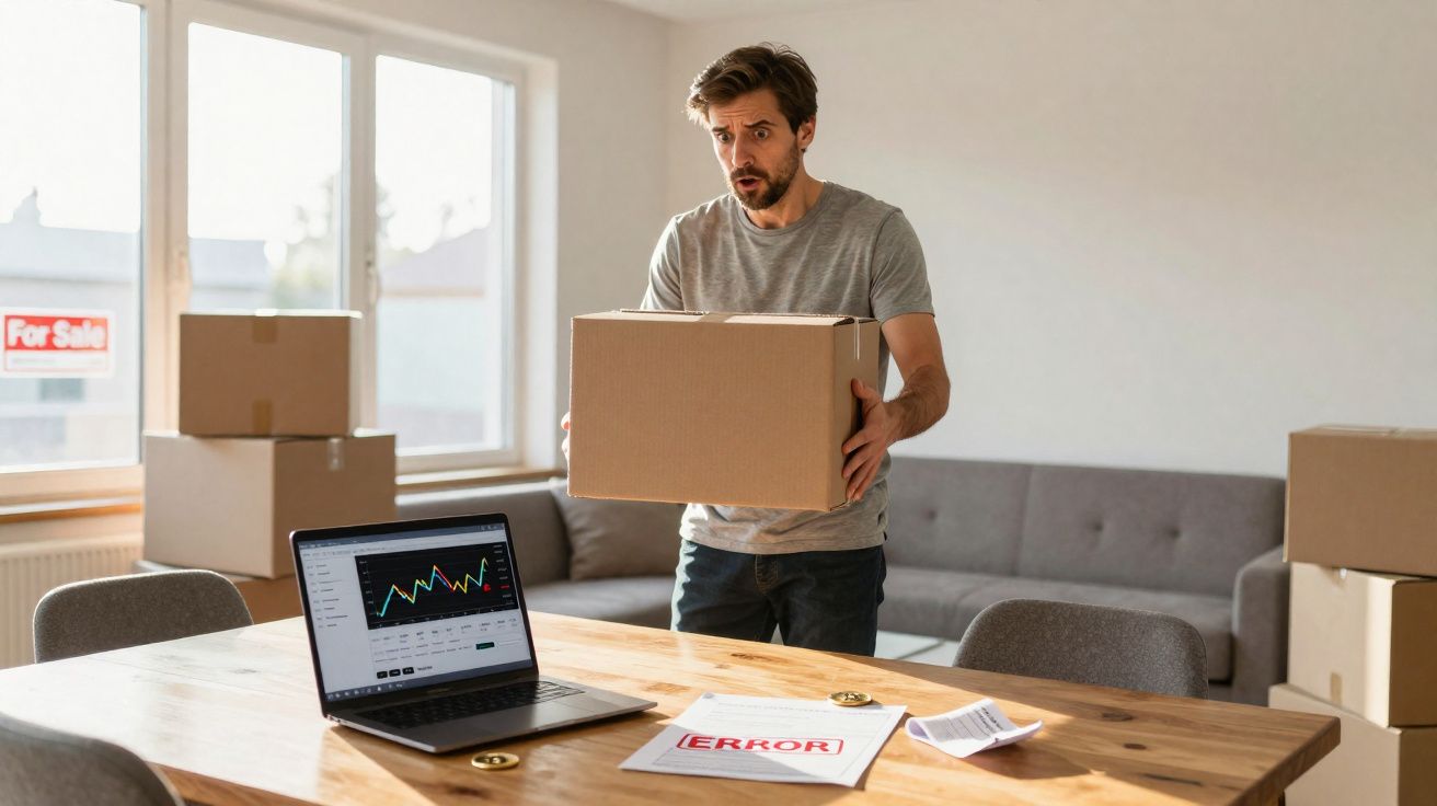 Homem preocupado com caixa em mãos, laptop com gráficos e papel com “ERROR” numa sala com caixas e sofá.