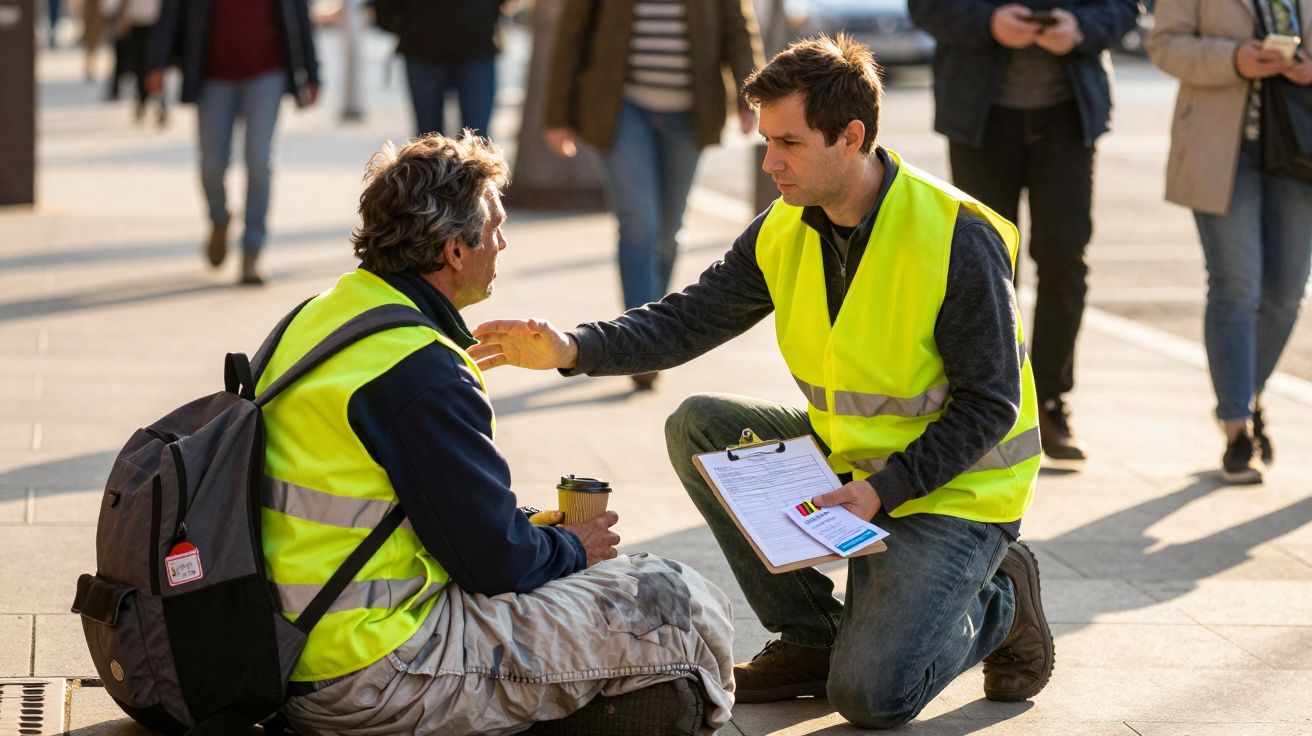 Homem de colete refletor ajoelhado a falar com homem sentado no chão, em rua movimentada.