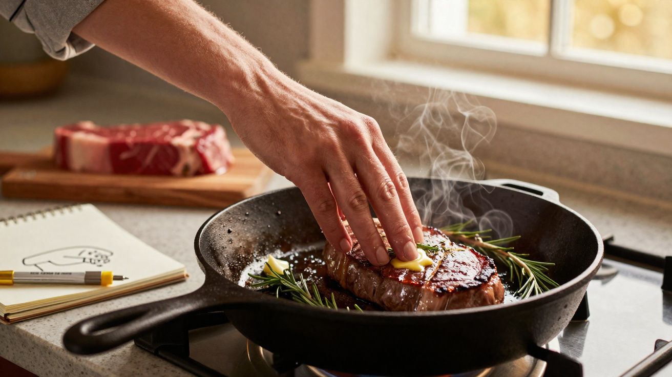 Mão a colocar manteiga a derreter em bife a cozinhar numa frigideira com ervas aromáticas.