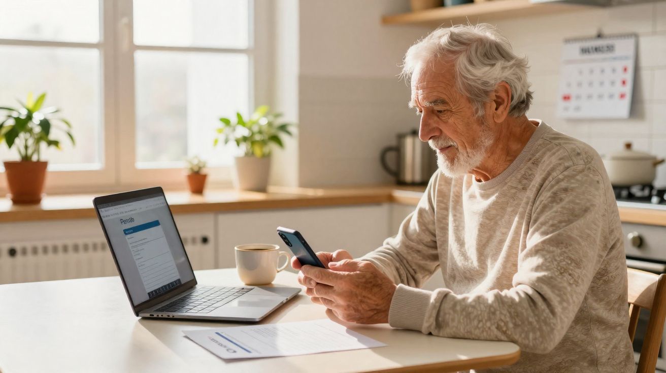 Idoso sentado à mesa na cozinha a usar telemóvel com computador portátil e café à sua frente.