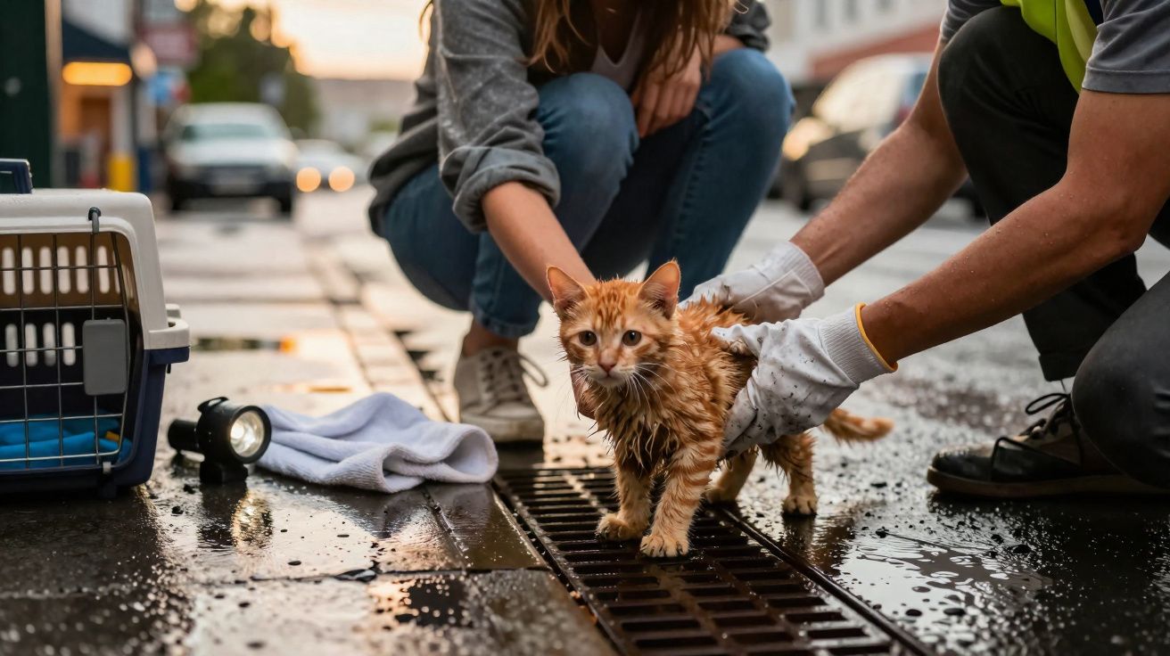 Pessoa a ajudar gato molhado numa sarjeta na rua, com caixa de transporte e lanterna ao lado.