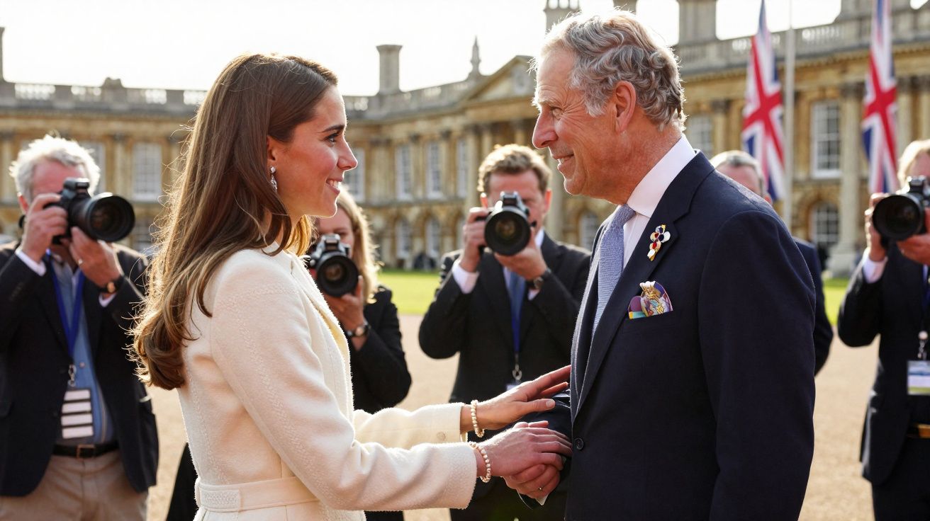 Mulher e homem elegantemente vestidos trocando cumprimentos, com fotógrafos a tirar fotos ao fundo.