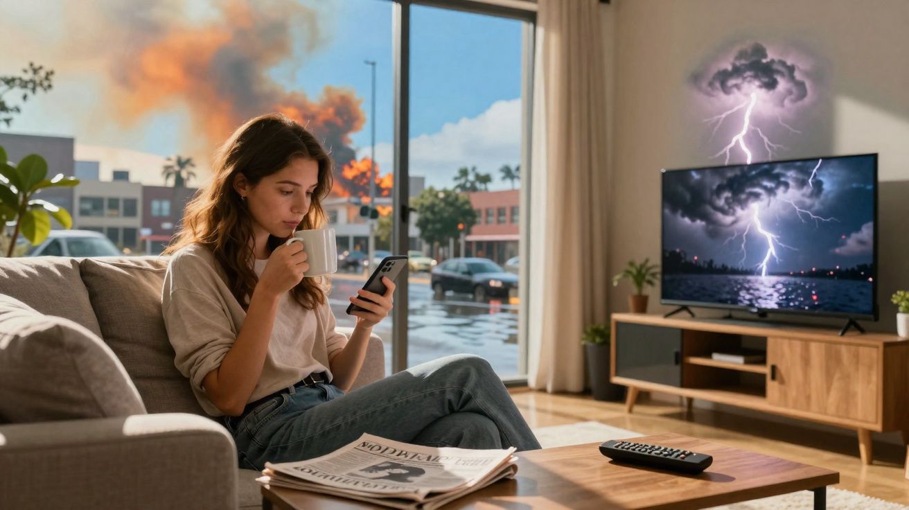 Mulher sentada no sofá a beber café e usar telemóvel, com incêndio visível pela janela e televisão com trovoada.