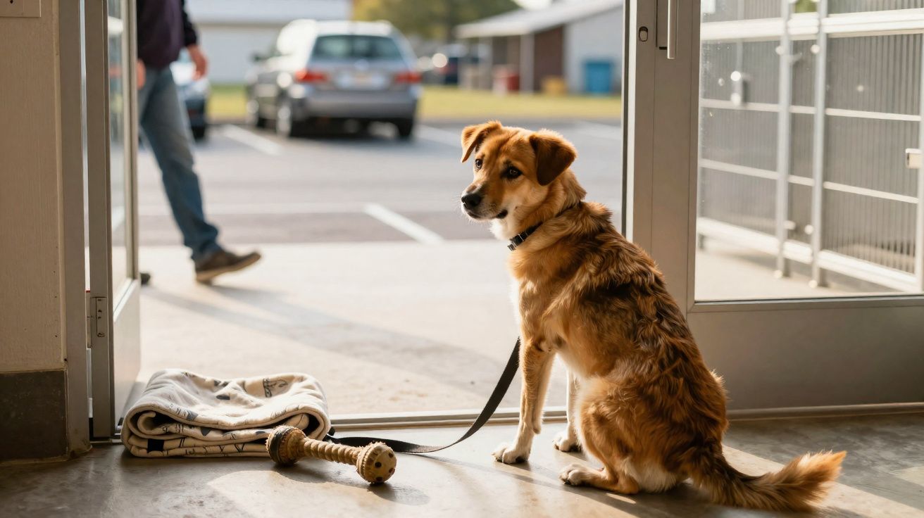 Cão castanho sentado à porta com brinquedo e manta, com pessoa a sair ao fundo no exterior.