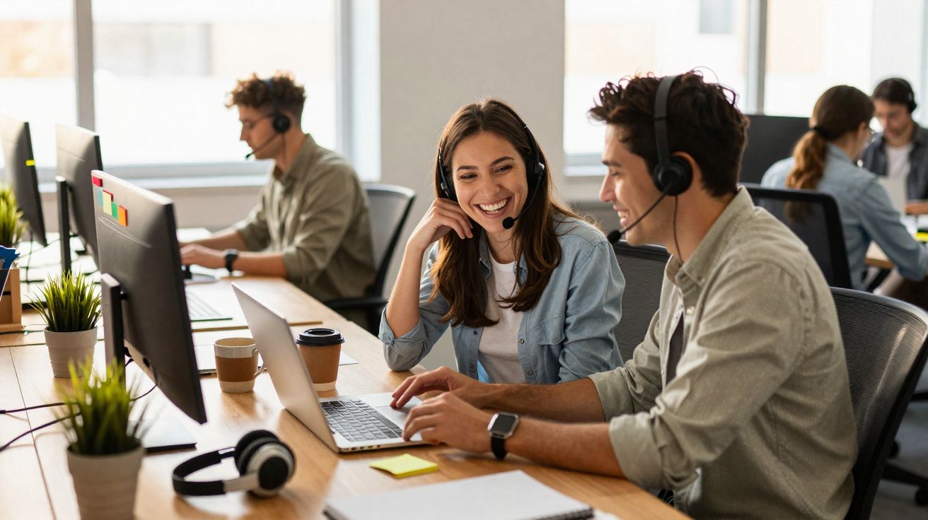 Jovens com auscultadores a trabalhar e a conversar num escritório moderno e luminoso.