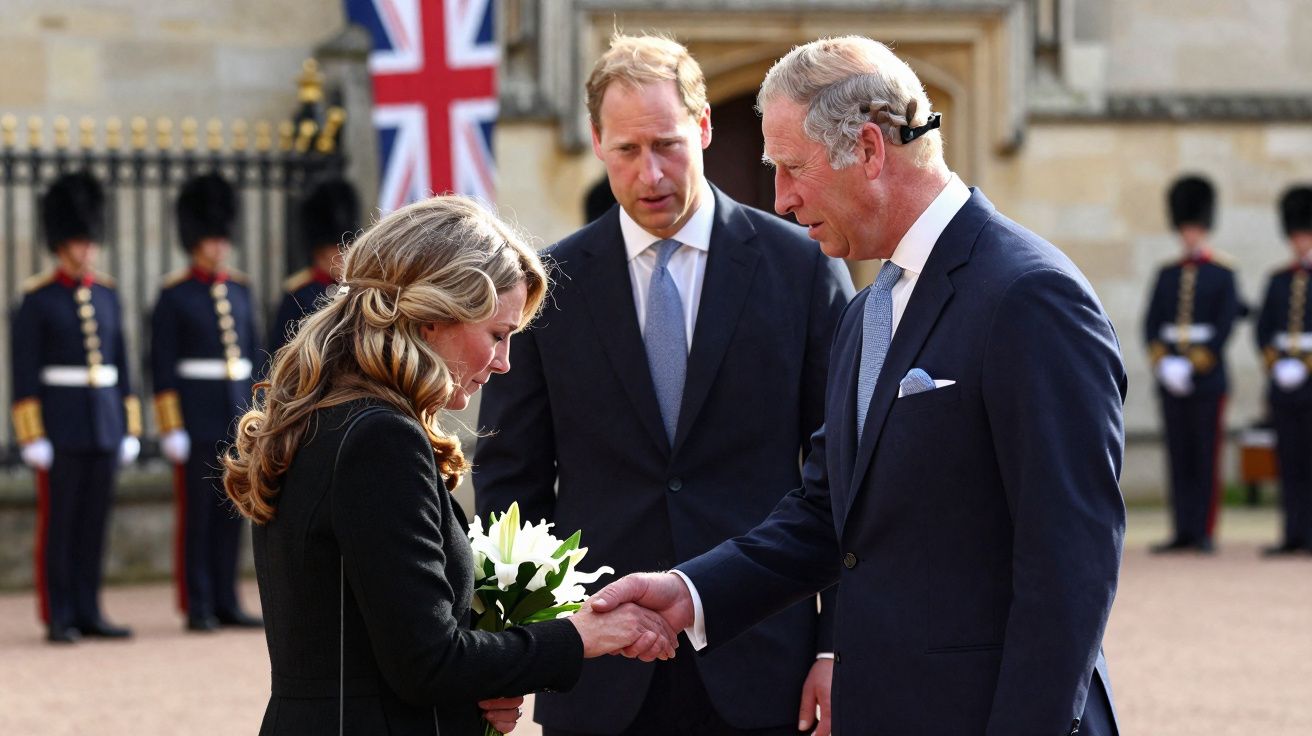 Homem de fato azul cumprimenta mulher com flores, com outro homem e guardas a fundo com bandeira britânica.