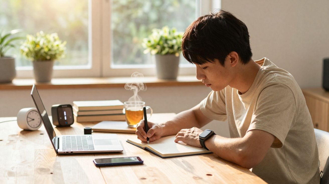 Jovem sentado à mesa a escrever num caderno, com computador portátil, telemóvel e chá quente ao lado.