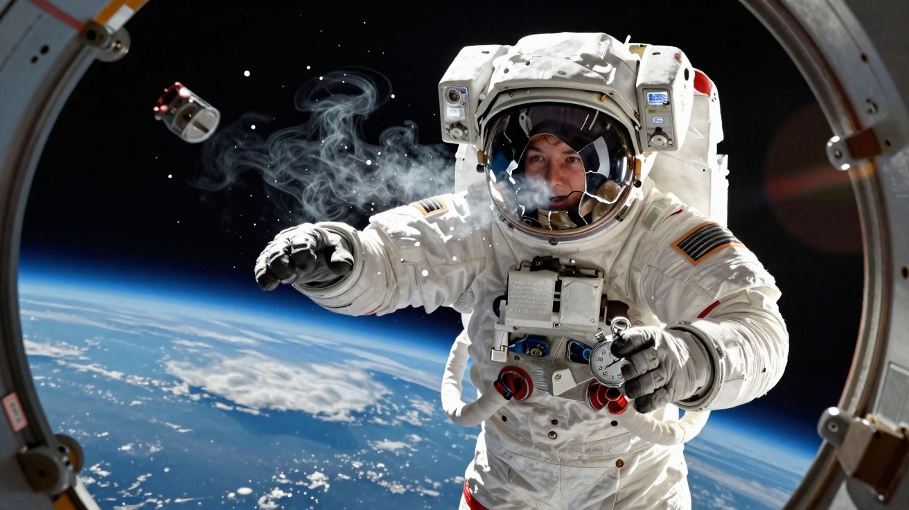 Astronauta em fato espacial à deriva no espaço com a Terra visível ao fundo, próximo à abertura de uma nave.