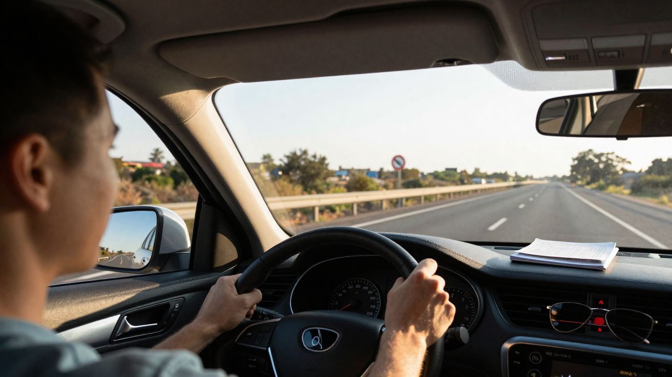 Pessoa a conduzir um carro numa estrada aberta, vista interior do volante e tablier com notas e óculos.