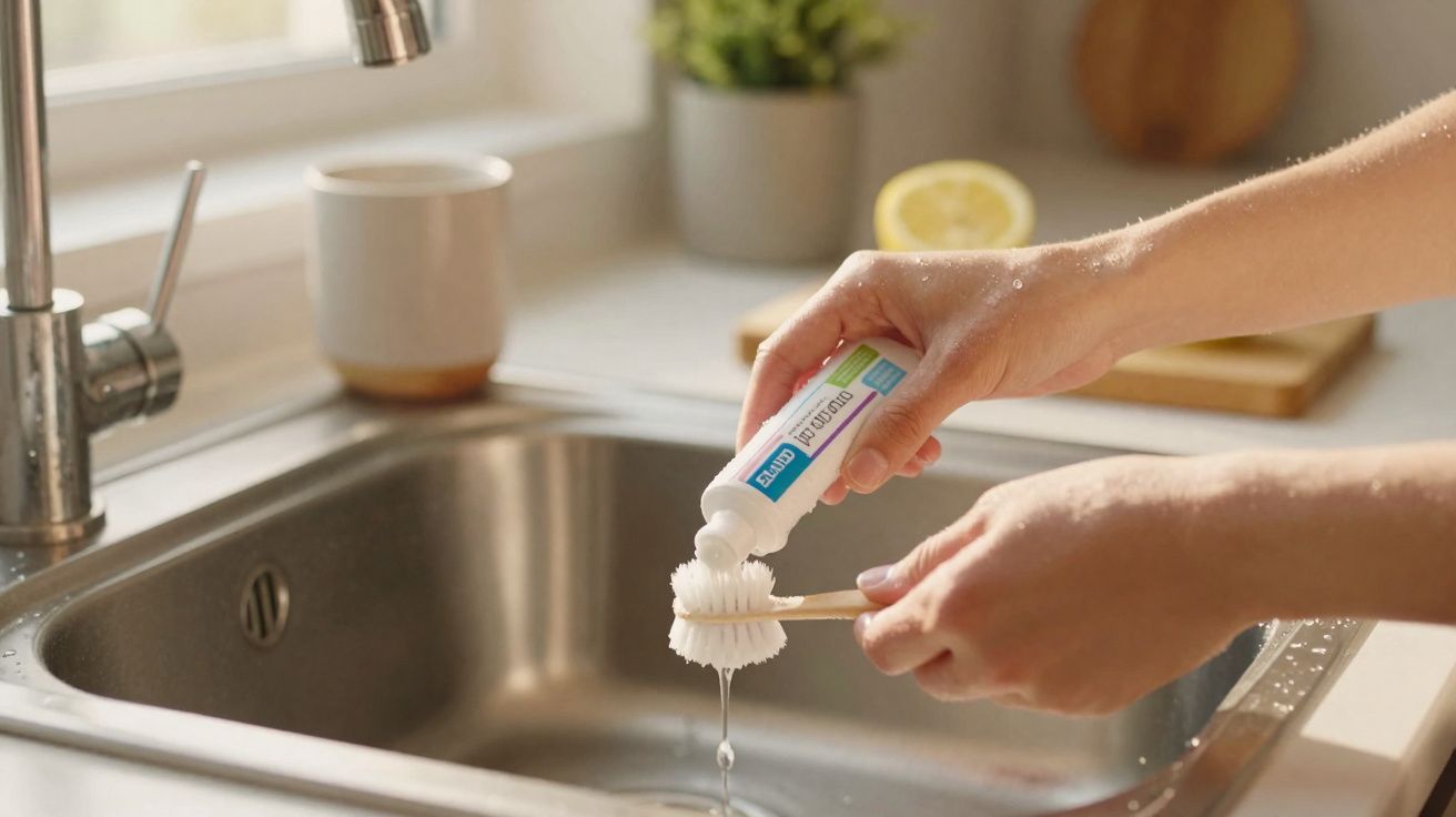 Pessoa a colocar pasta dentífrica numa escova de dentes de bambu sobre a pia da cozinha.