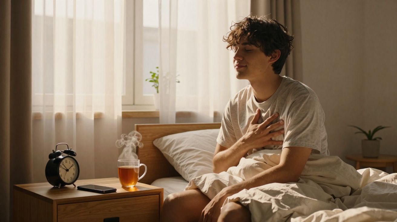 Jovem sentado na cama com os olhos fechados, segurando o peito numa manhã ensolarada.