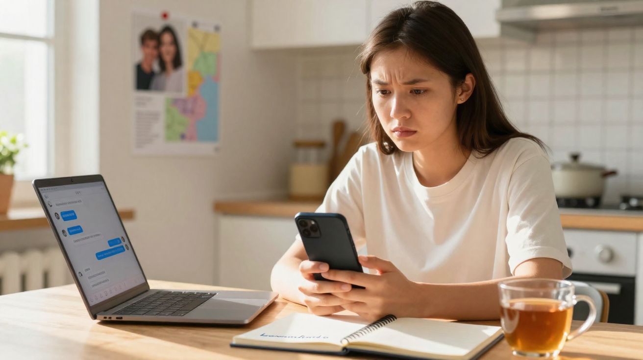 Mulher preocupada lê mensagem no telemóvel, sentada à mesa com portátil aberto, bloco de notas e chá.