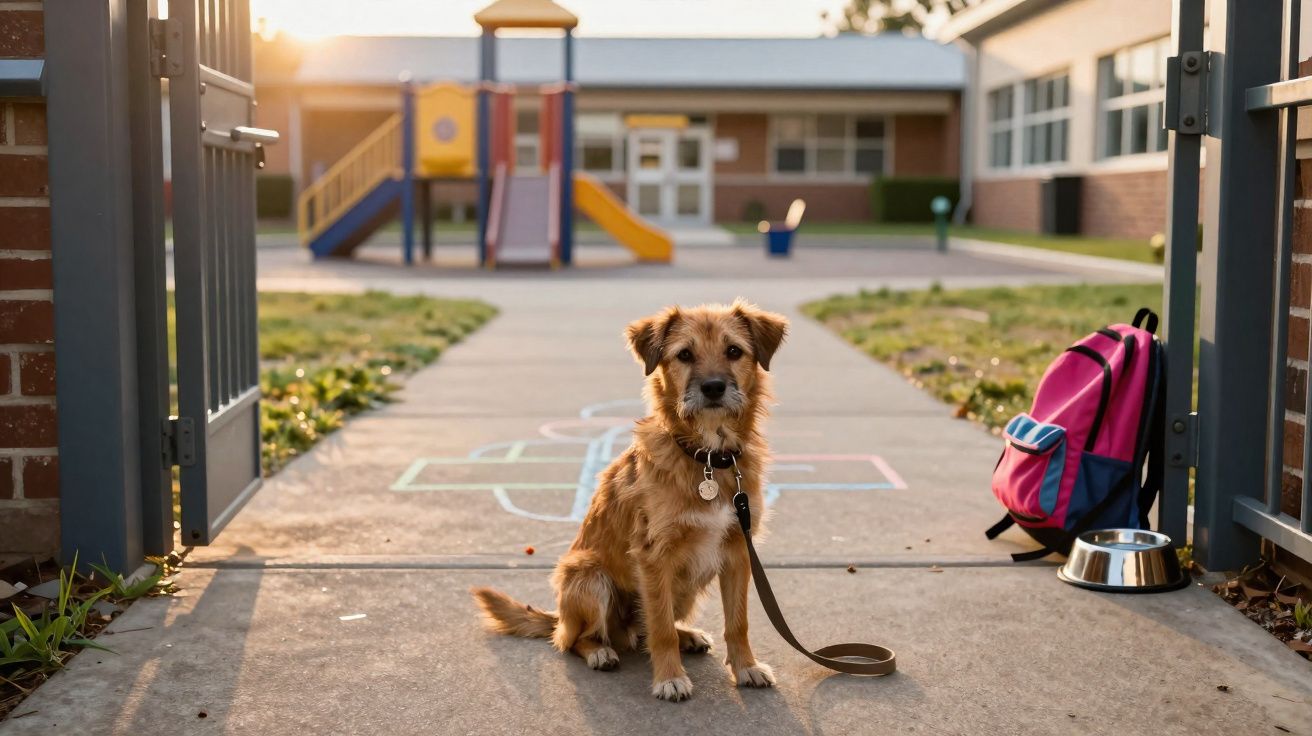 Cão castanho sentado com trela à porta de escola com mochila rosa e parque infantil ao fundo.