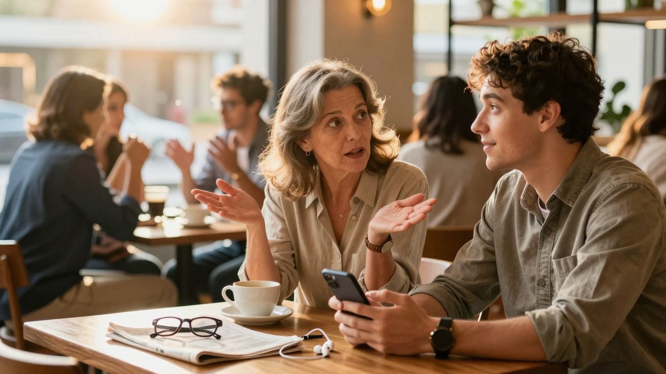 Mulher de meia-idade conversa expressivamente com jovem enquanto ele segura telemóvel numa cafetaria.