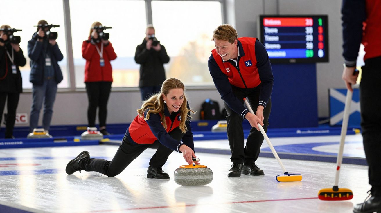 Dois jogadores de curling em ação no gelo, com fotógrafos ao fundo a tirar fotos.