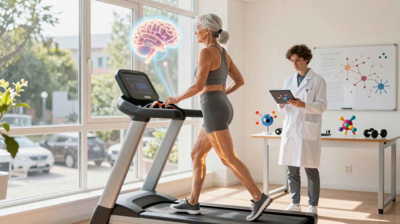 Mulher sénior a caminhar numa passadeira, acompanhada por cientista que analisa dados num tablet, cérebro digital em destaque