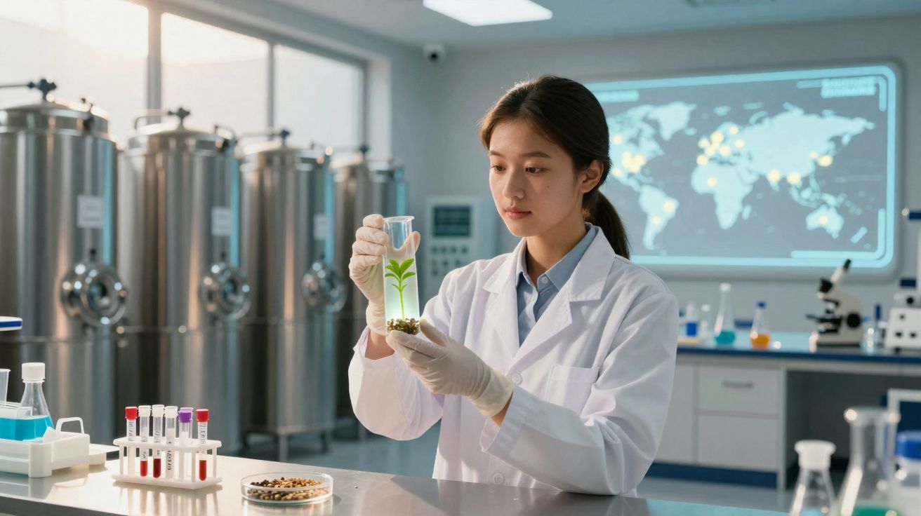 Cientista em laboratório a analisar planta em tubo de ensaio com equipamentos científicos ao redor.
