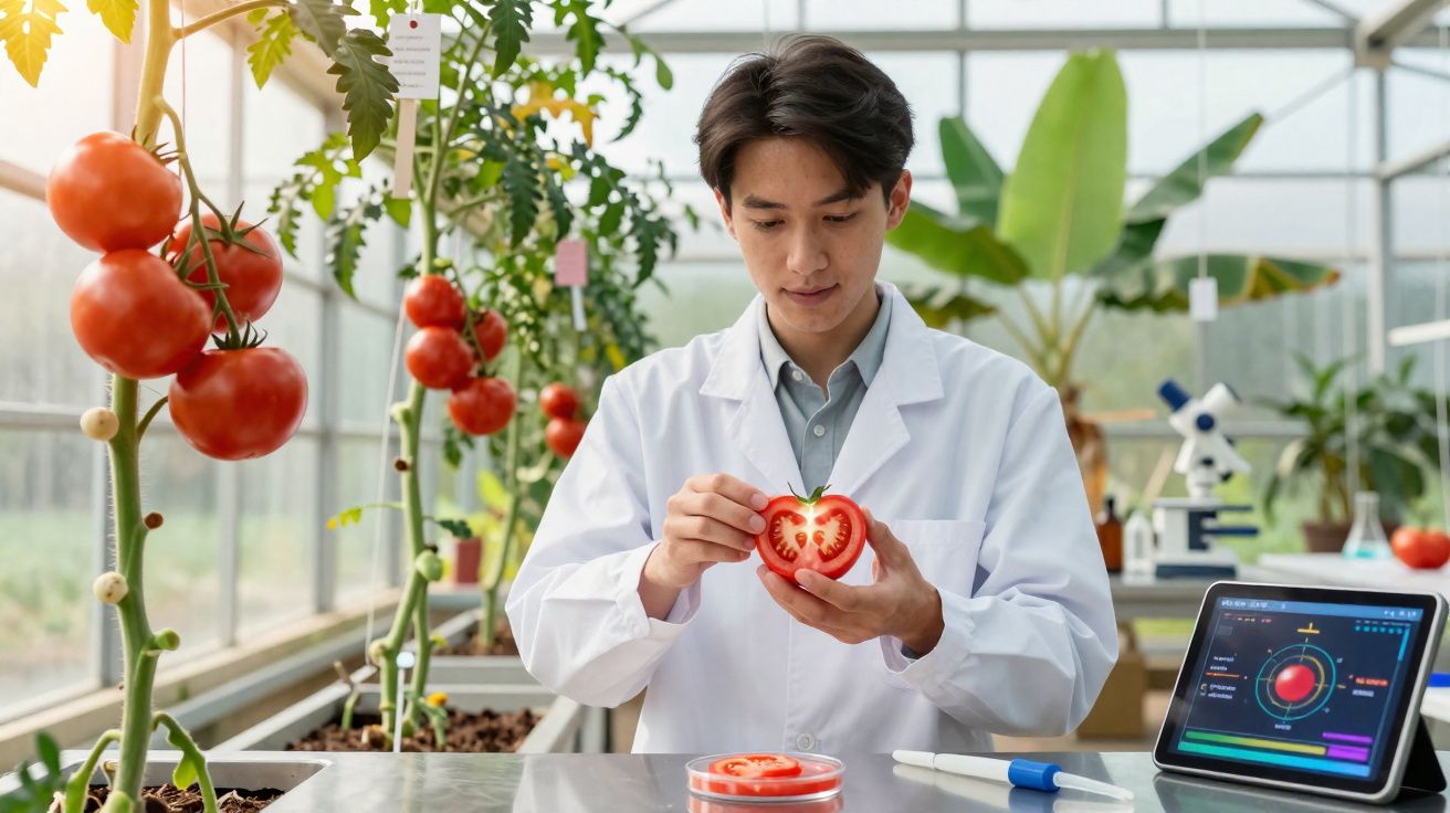 Cientista em laboratório a examinar um tomate cortado ao meio, com plantas e equipamento científico ao fundo.