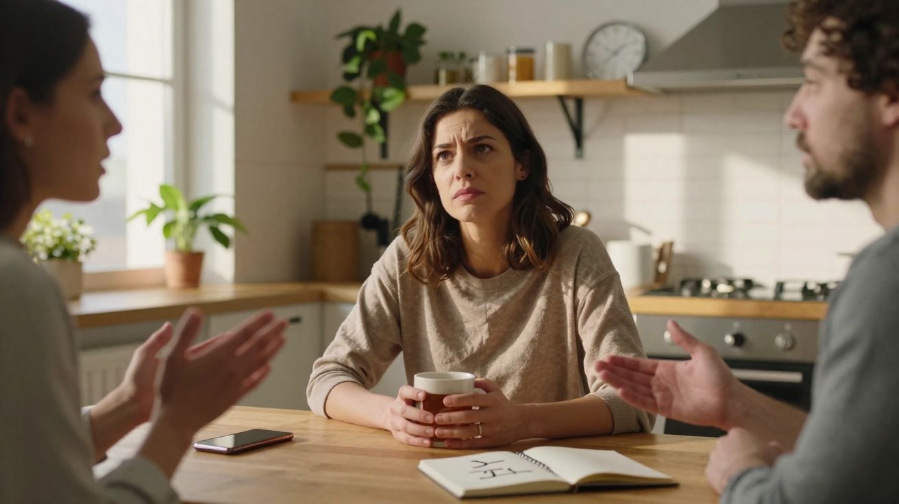 Mulher sentada à mesa com expressão preocupada enquanto homem e mulher discutem em frente a ela.