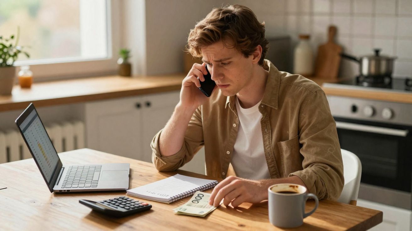 Homem preocupado ao telefone, a contar dinheiro e a trabalhar num laptop na cozinha.