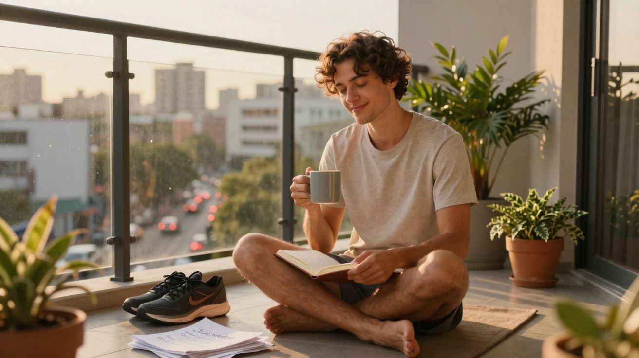 Homem sentado no chão da varanda, lendo um livro e bebendo de uma chávena, rodeado por plantas e sapatos.