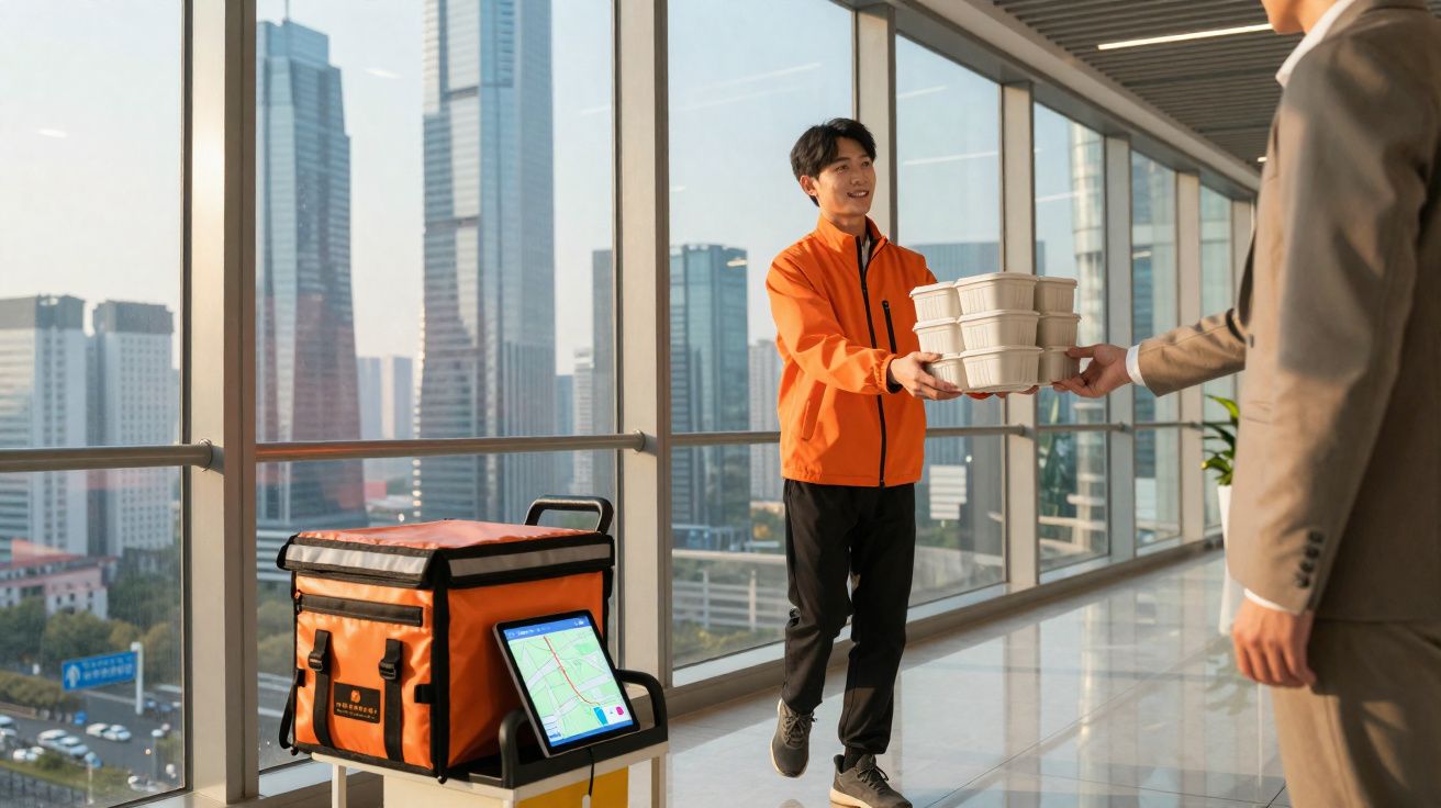 Funcionário de entrega em casaco laranja entrega refeições embaladas num escritório moderno com vista para a cidade.