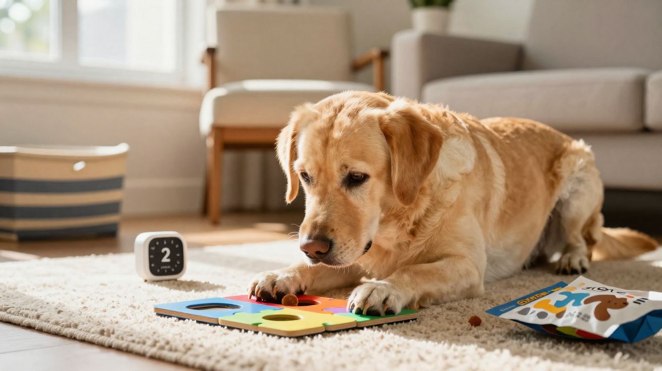 Cão castanho claro deitado no tapete a brincar com um jogo de tabuleiro colorido no chão da sala.