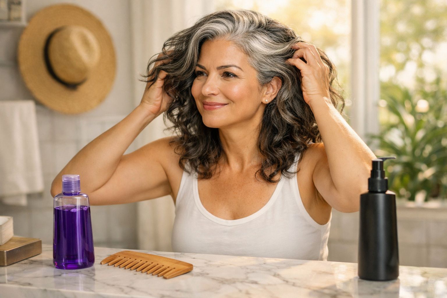 Mulher sorridente com cabelo grisalho, penteando-se à frente de um espelho na casa de banho.