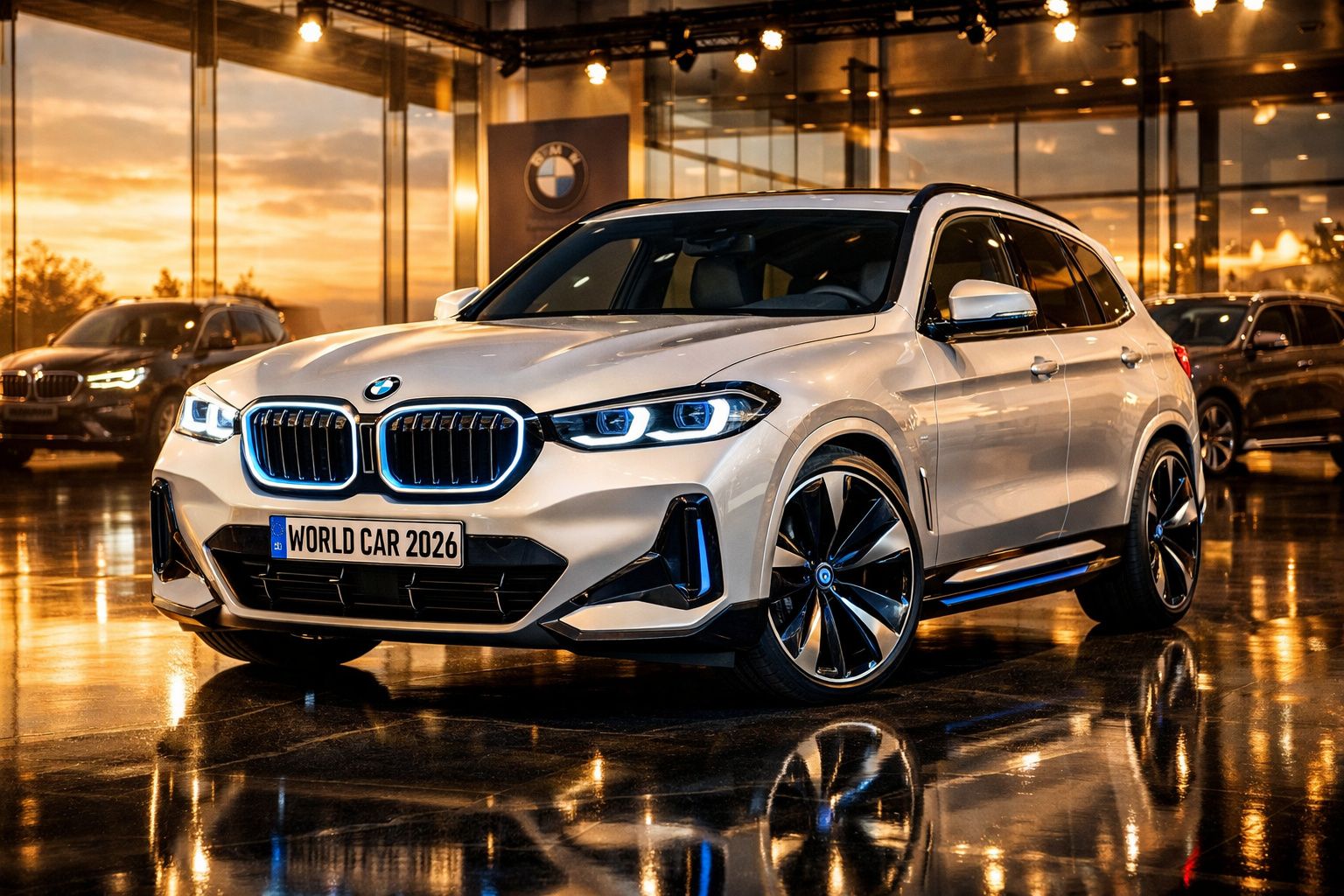 Carro BMW branco modelo 2026 com faróis ligados em exposição numa sala moderna e iluminada ao pôr do sol.