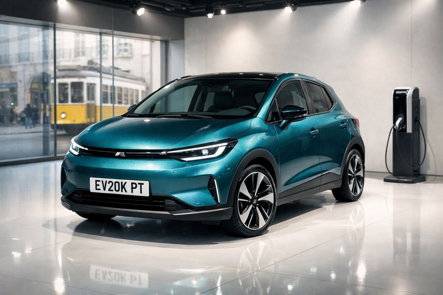 Carro elétrico azul estacionado em showroom com posto de carregamento ao lado e elétrico amarelo ao fundo.