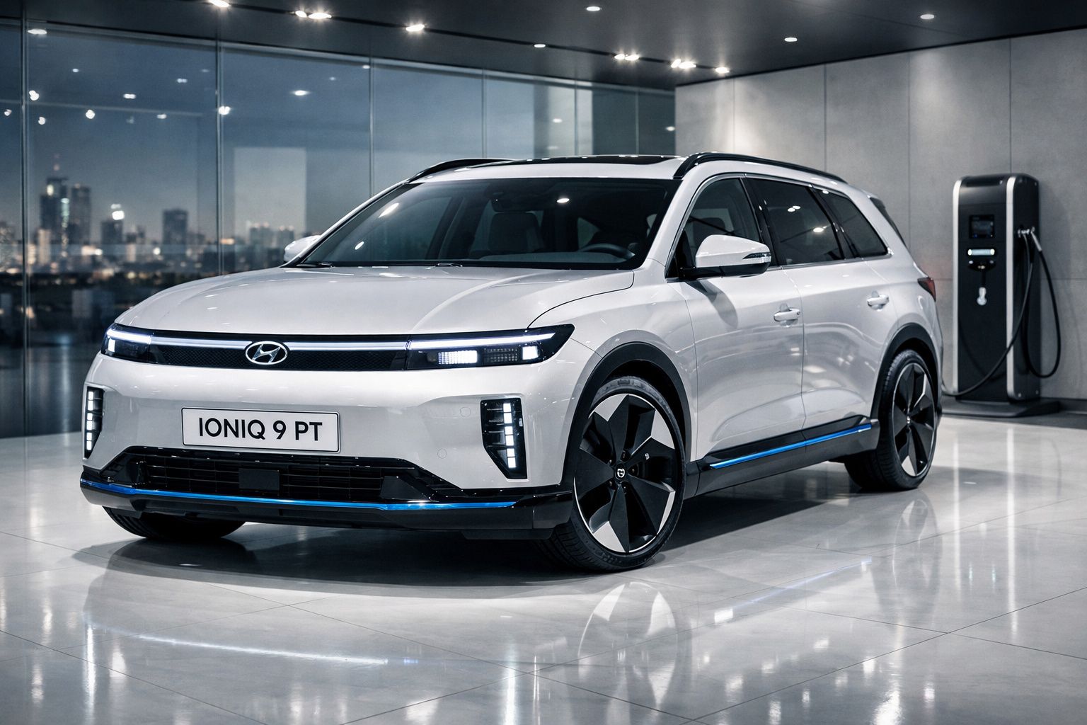 Carro elétrico Hyundai Ioniq 9 branco estacionado num espaço moderno com estação de carregamento.