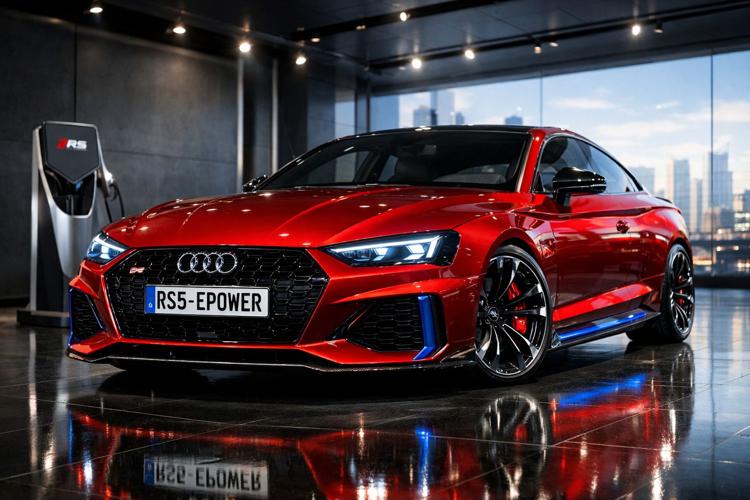 Carro desportivo Audi RS5 vermelho estacionado em interior moderno com luzes LED e chão refletivo.