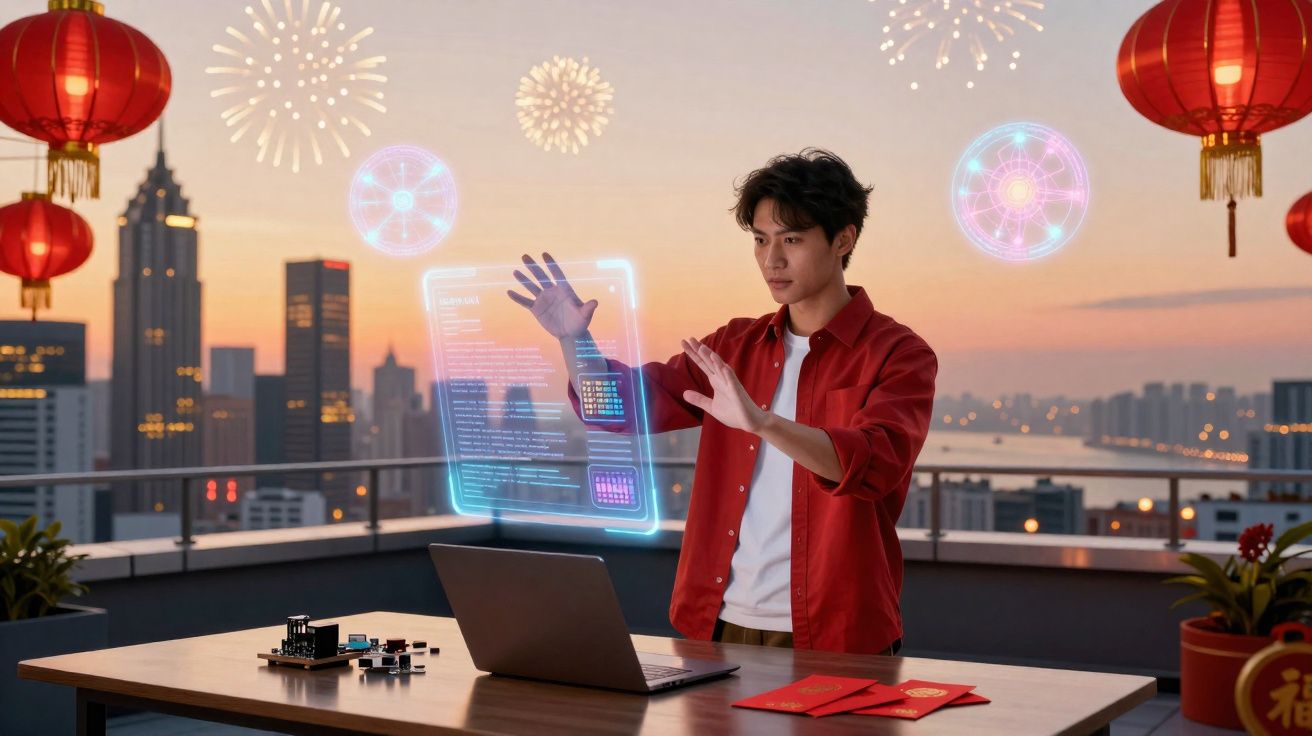 Jovem interage com hologramas tecnologicos ao pôr do sol, rodeado de lanternas chinesas e fogo de artifício na cidade.