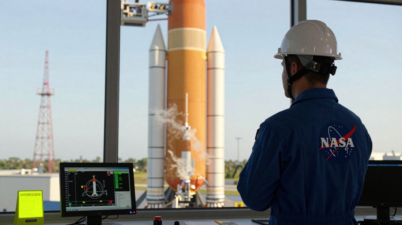 Técnico da NASA em cabine de controlo observa foguetão espacial pronto para lançamento ao fundo.