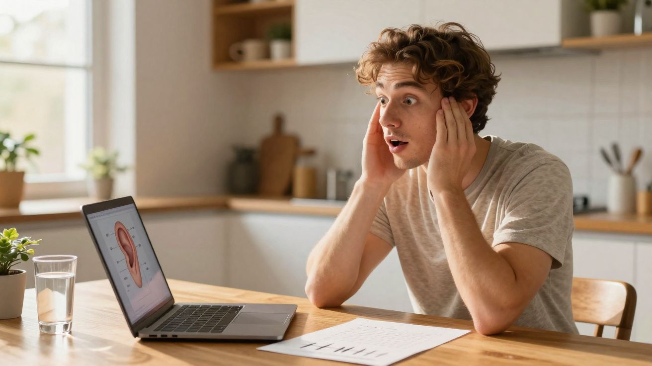 Jovem surpreendido a aprender sobre o ouvido humano num laptop numa cozinha iluminada.