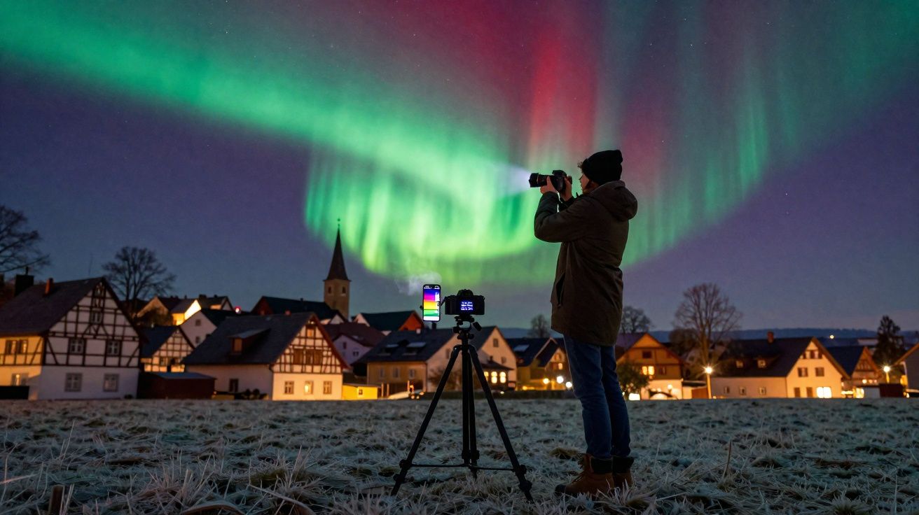 Pessoa a fotografar a aurora boreal numa vila com casas tradicionais e céu colorido.