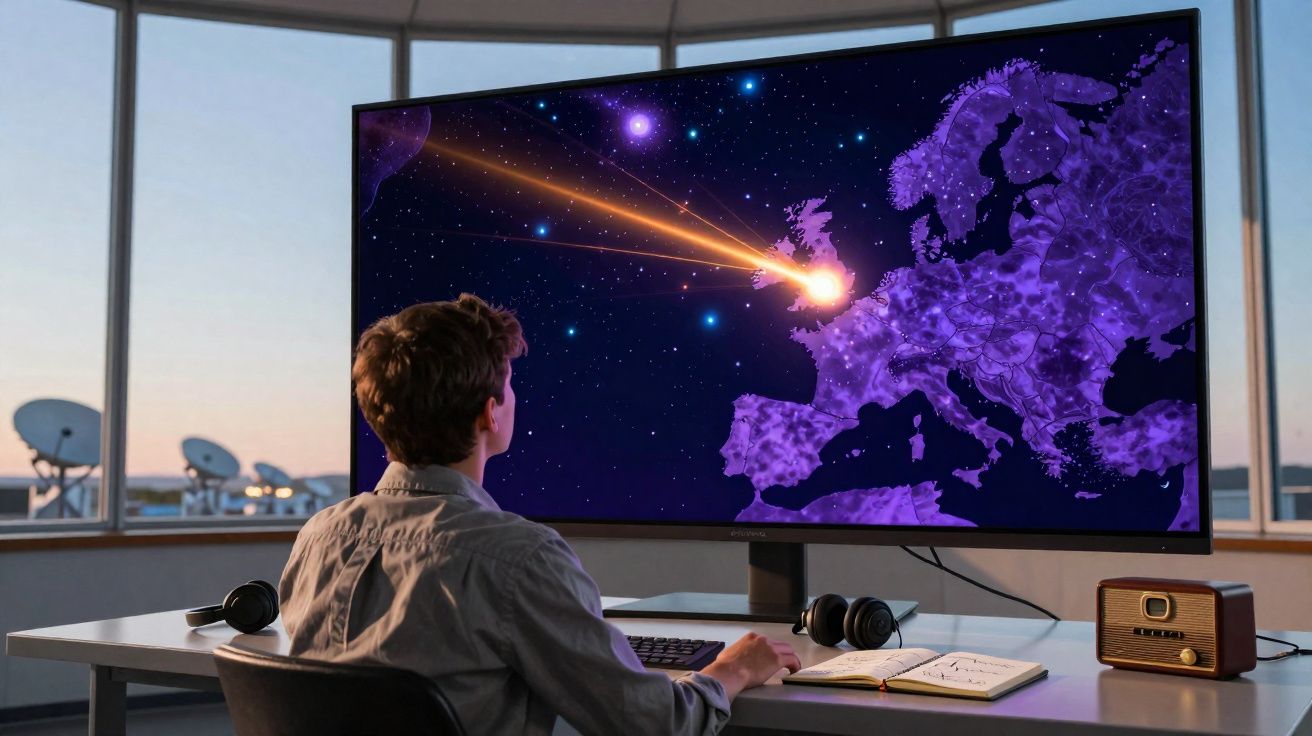 Homem sentado numa secretária observa ecrã com mapa da Europa e cometa prestes a atingir o Reino Unido.
