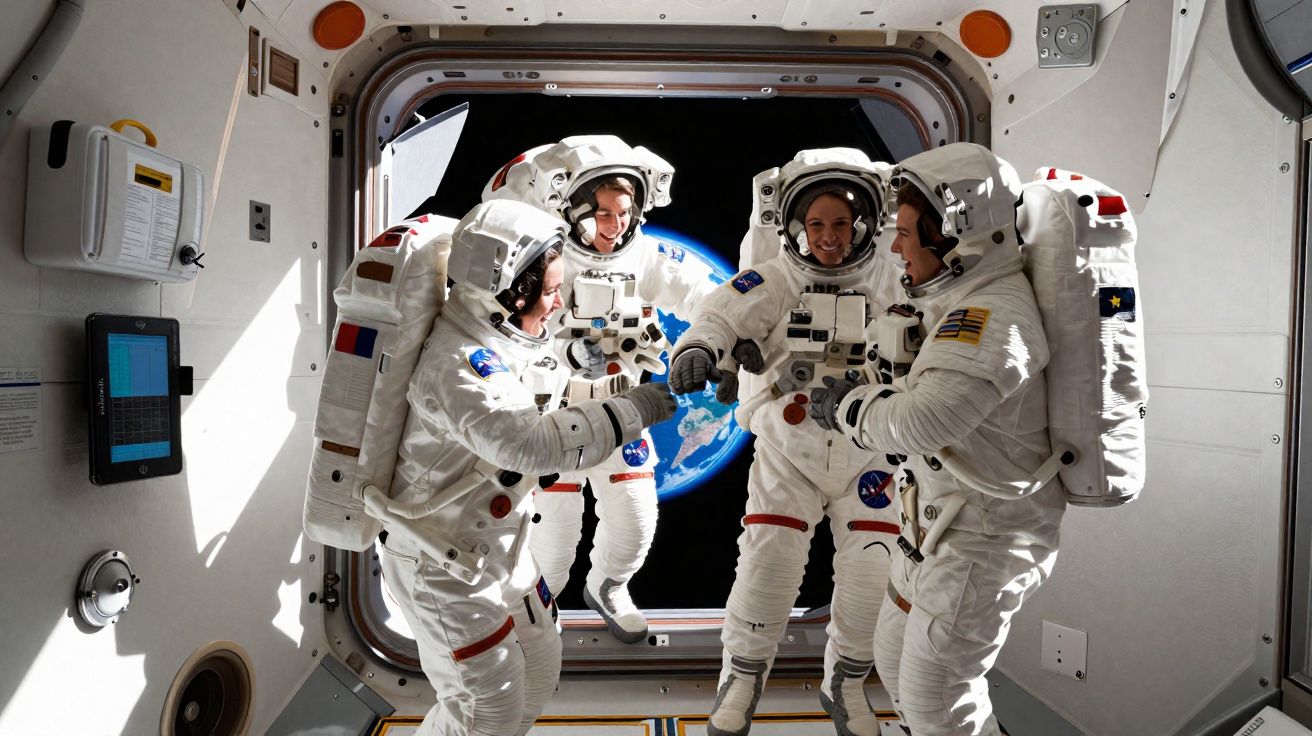 Quatro astronautas em fato espacial dão um toque de punho dentro de uma nave com a Terra ao fundo.