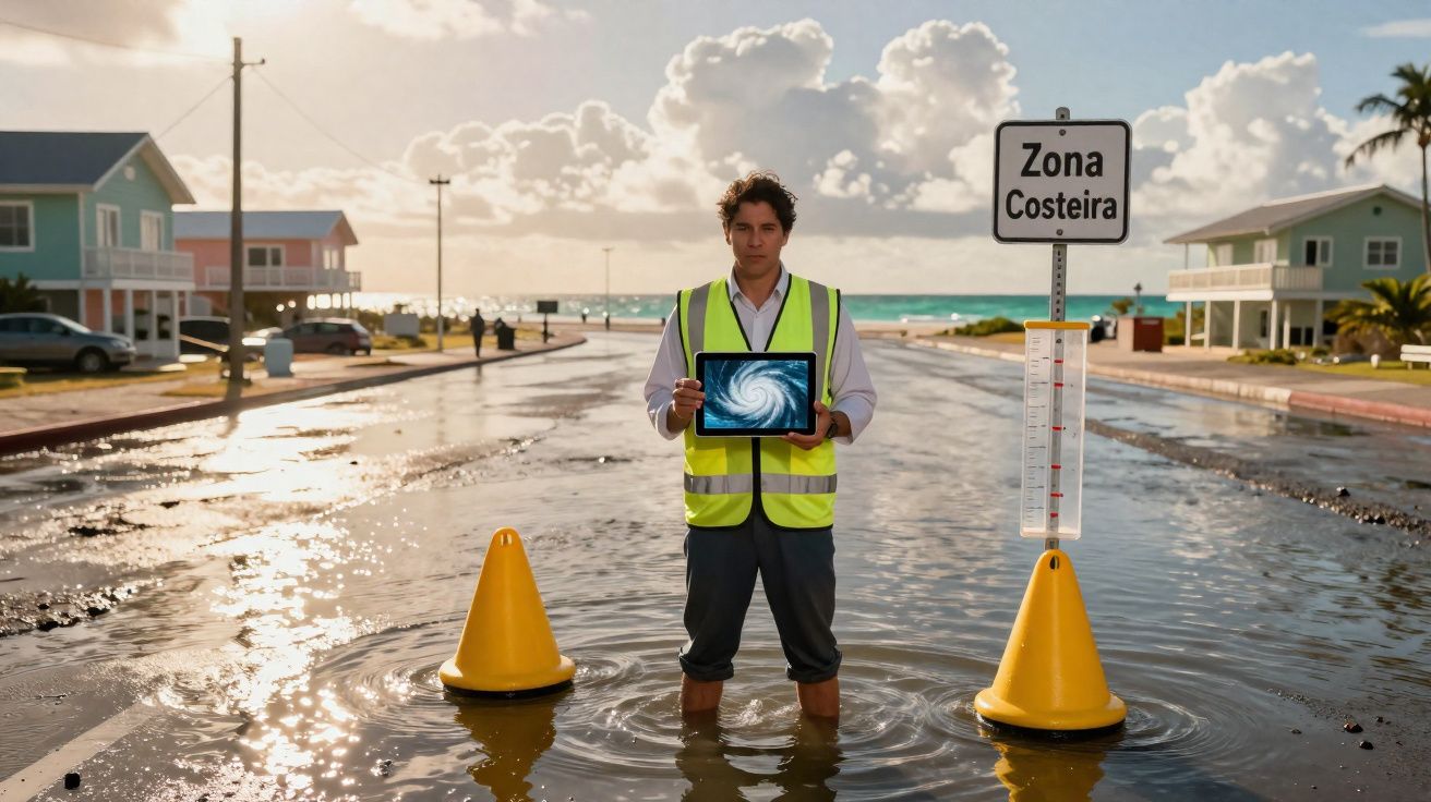 Homem com colete amarelo em estrada alagada, entre cones e placa de Zona Costeira, segurando tablet com imagem de furacão.