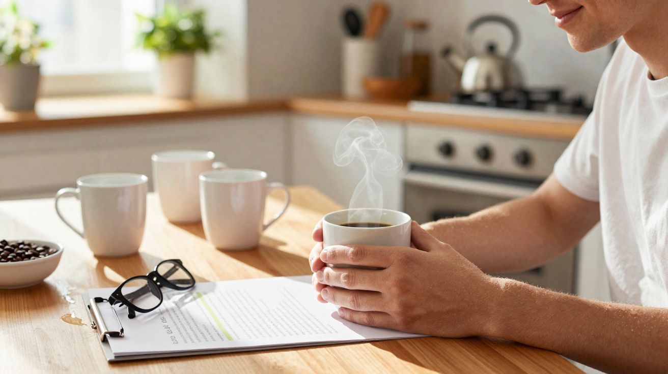Pessoa segurando chávena de café quente junto a mesa com três chávenas, óculos e documento numa cozinha iluminada.