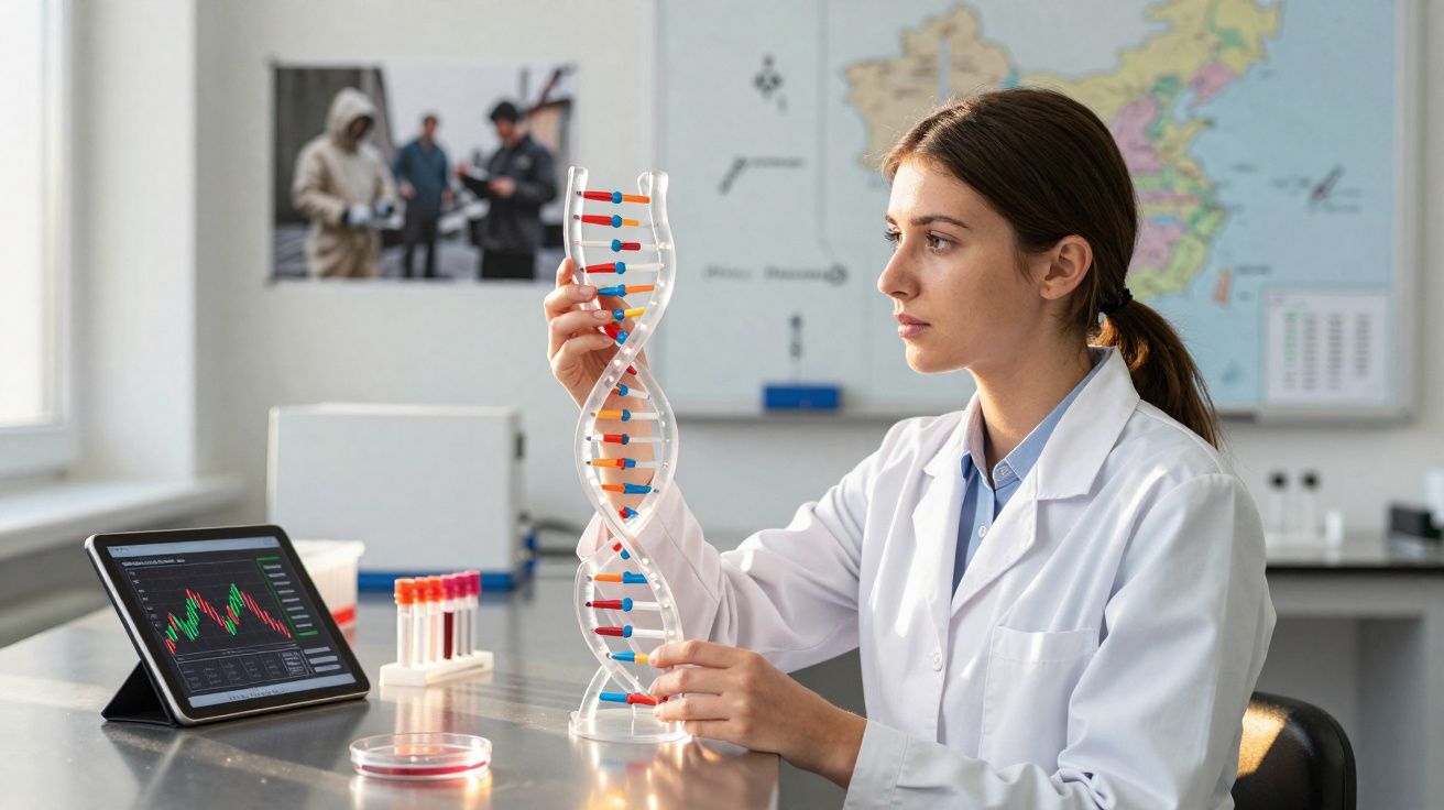 Cientista feminina em laboratório segura modelo de ADN enquanto analisa dados em tablet.