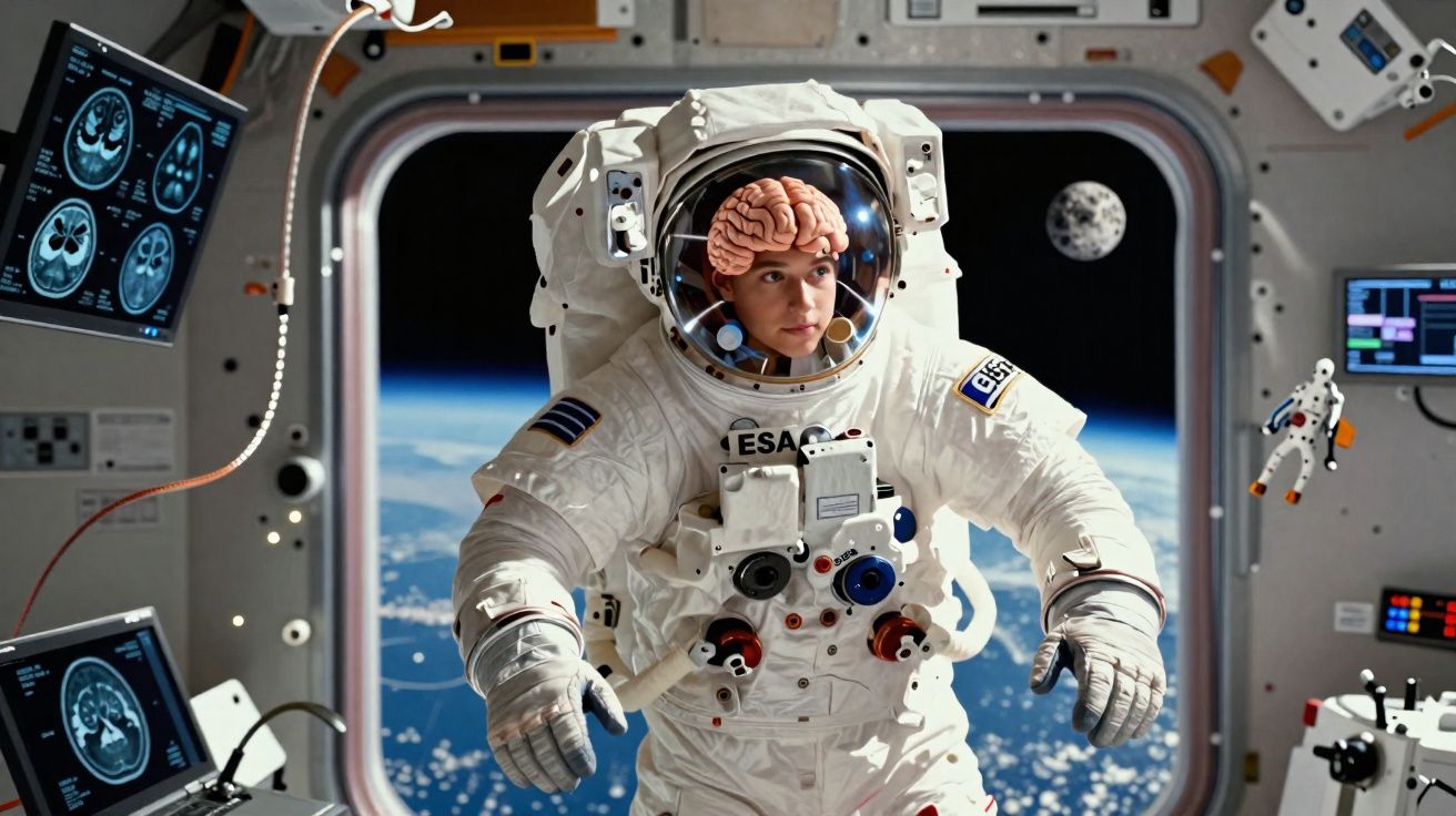 Astronauta na estação espacial com cérebro visível dentro do fato, janelas mostram a Terra e o espaço.