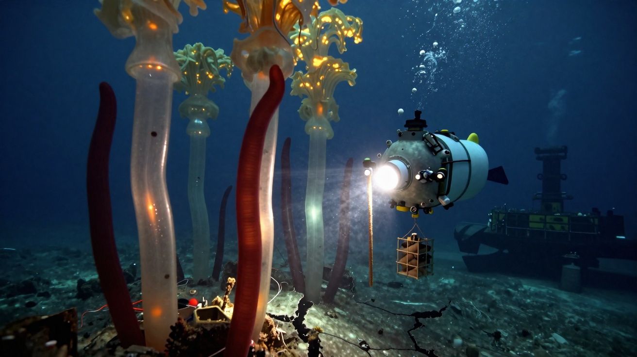 Veículo subaquático iluminando corais gigantes e estruturas no fundo do oceano.
