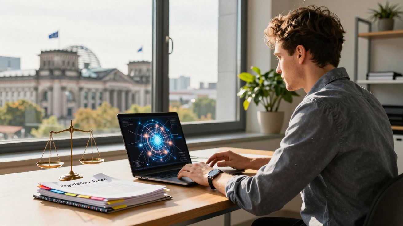 Homem a trabalhar num portátil numa secretária com documentos legais e balança da justiça, vista para edifício parlamentar.