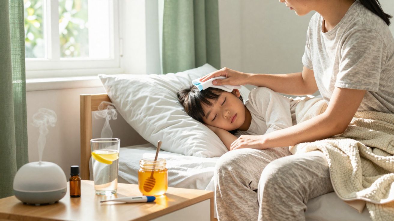 Criança doente deitada na cama com mãe a medir a temperatura na testa, perto de remédios e um difusor.