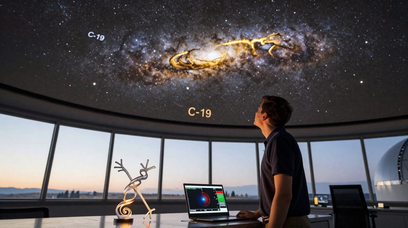 Homem observa projeção de galáxia C-19 num planetário com laptop e escultura na mesa.