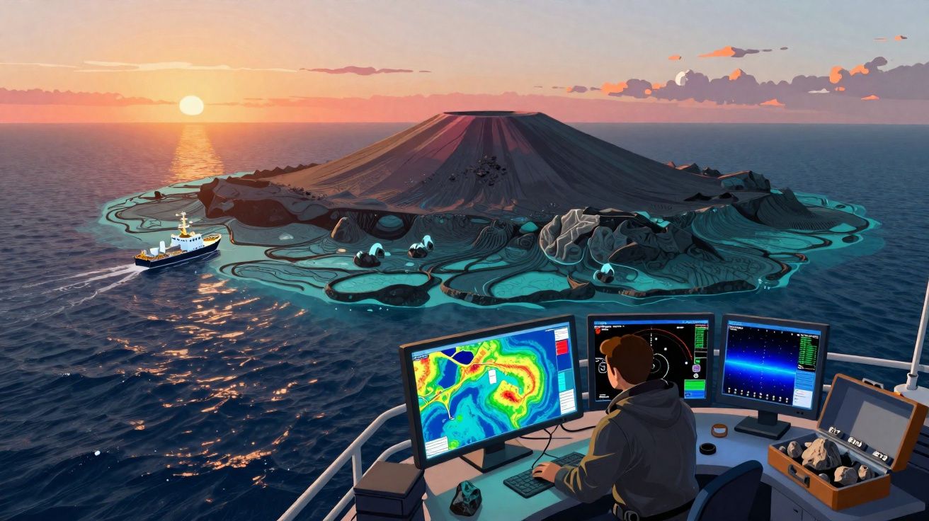 Pessoa a monitorizar dados geológicos numa embarcação, com ilha vulcânica e pôr do sol ao fundo no mar.