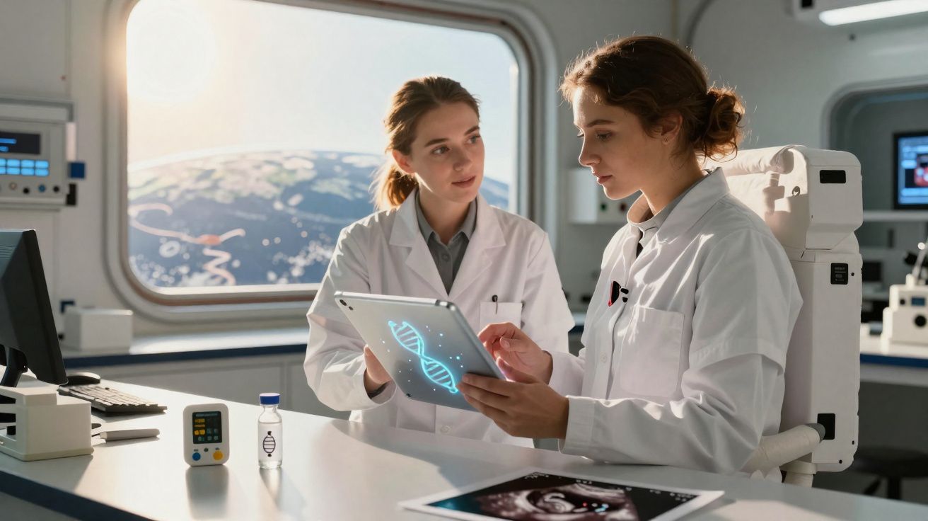 Duas cientistas em laboratório espacial analisam dados genéticos numa tablet com vista para a Terra.