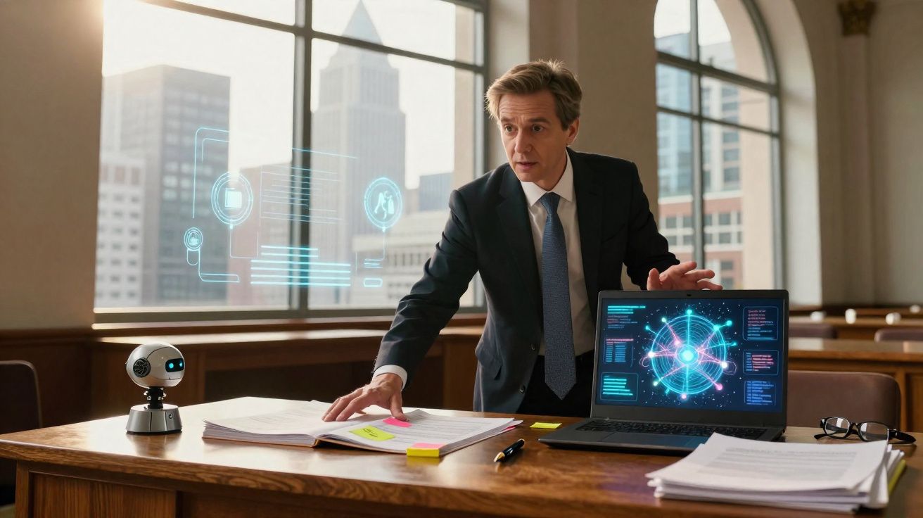 Homem de fato apresentando dados digitais e computador com gráficos futuristas numa sala de escritório ampla.